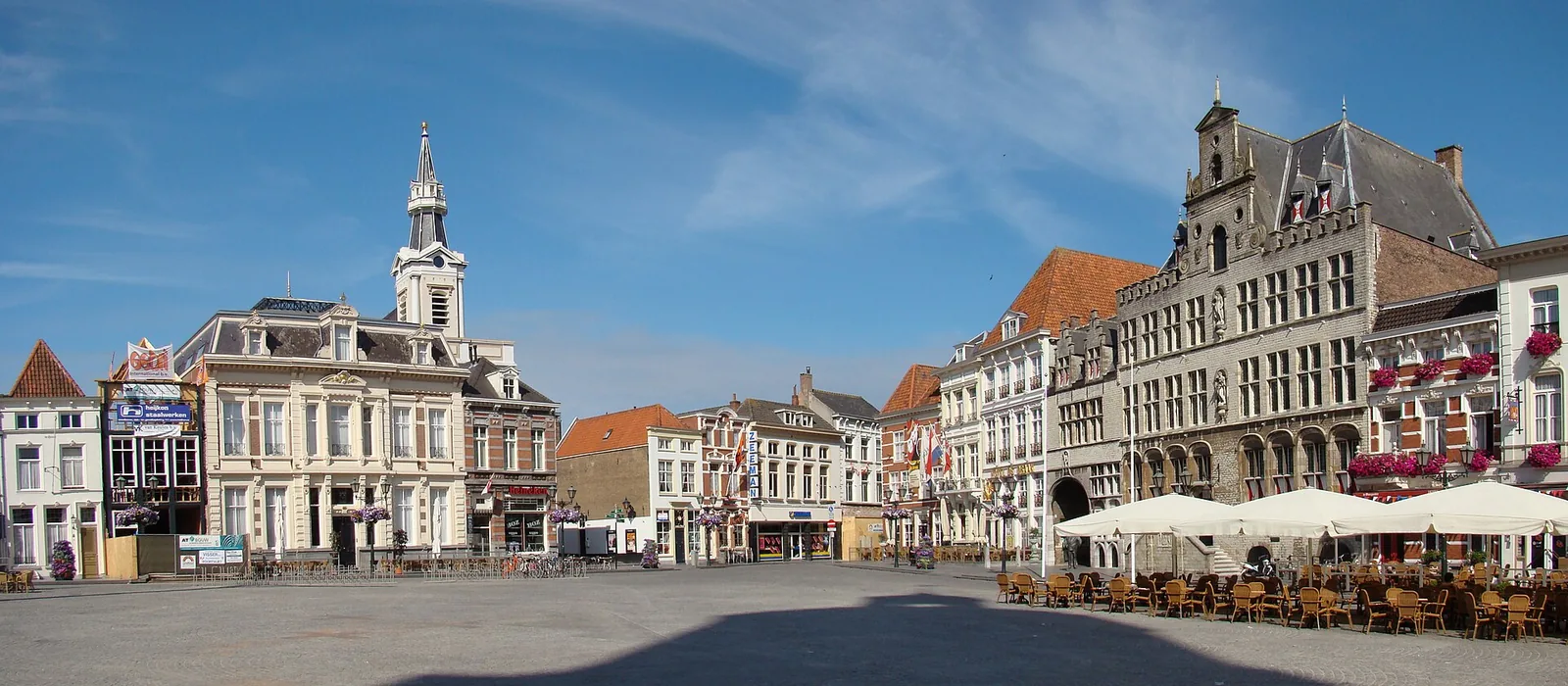 Panorama of the Grote Markt in Bergen op Zoom with the old town hall and the pavement cafes on the square