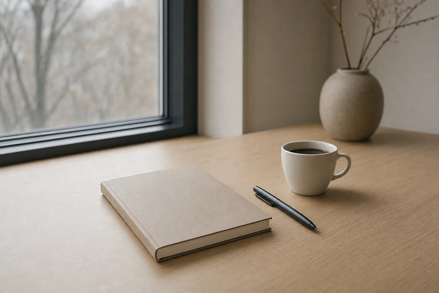 Notitieboek, pen en een kop koffie op een licht bureau bij het raam