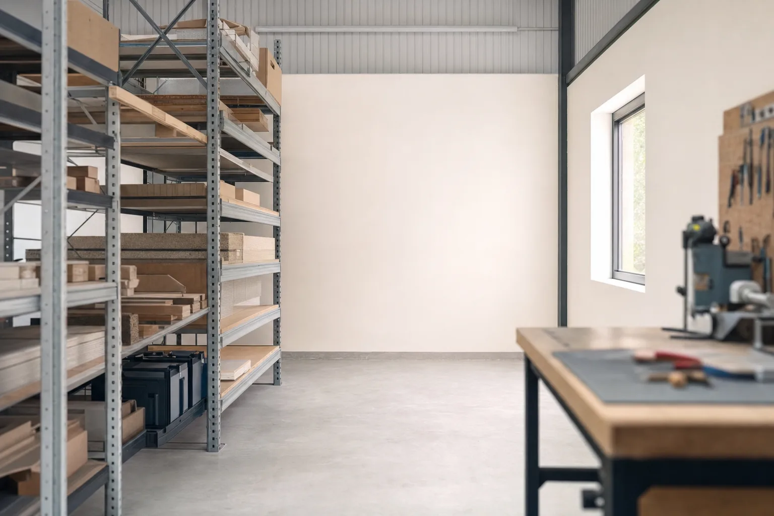 Tidy workshop with racking, a workbench and a light concrete floor